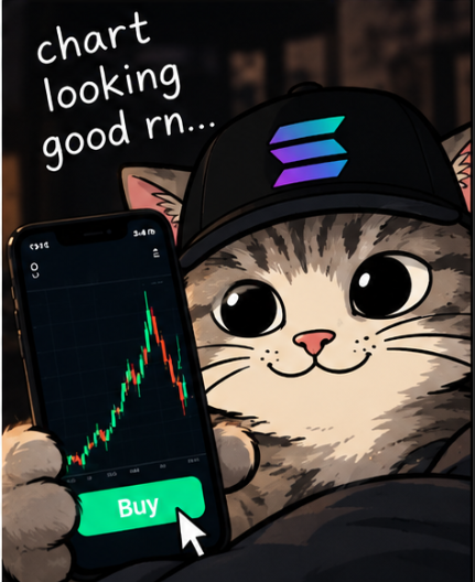 Cat holding a phone showing a rising chart